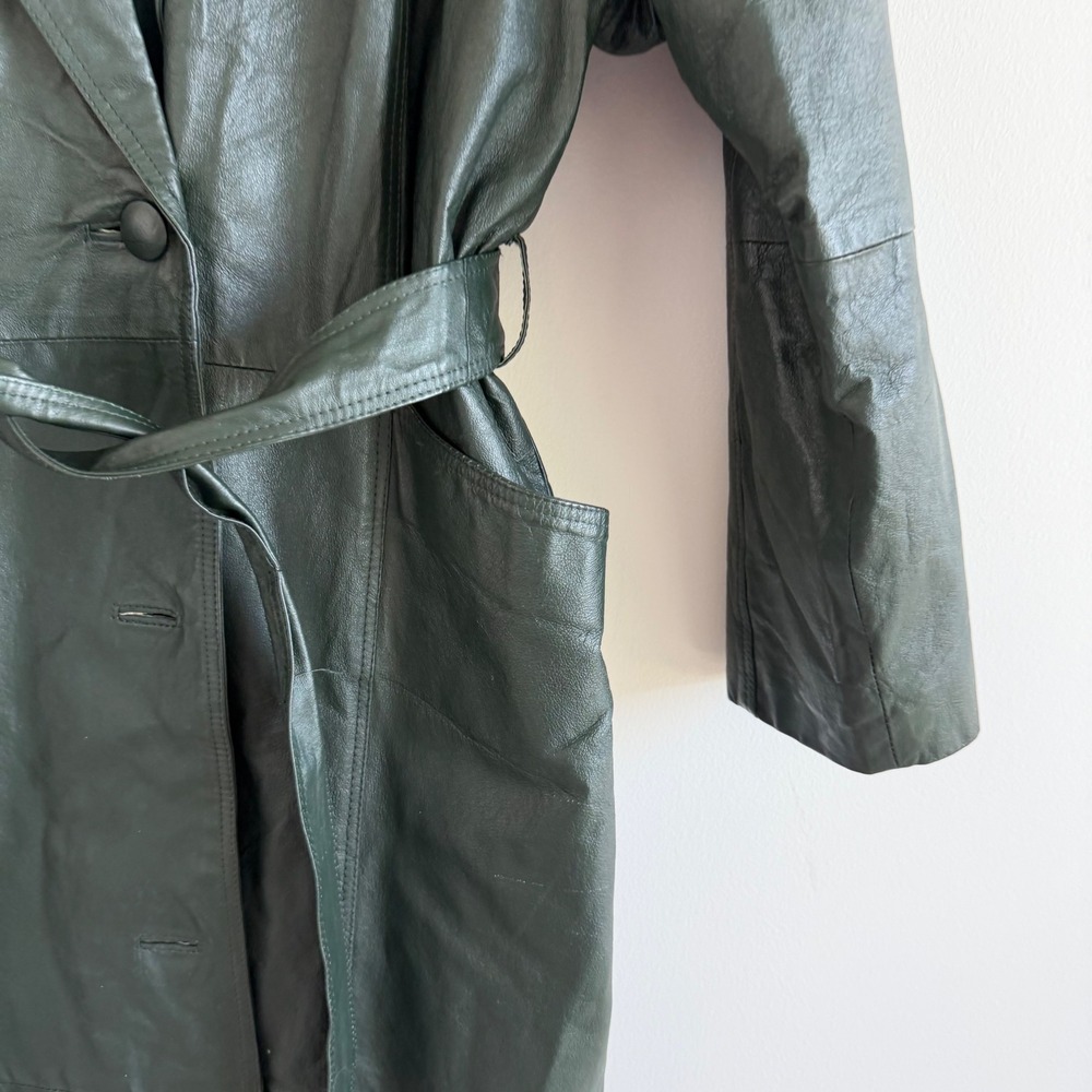 Vintage Maurices Forrest Green Genuine Leather Longline Trench Coat Size Small - Picture 9 of 14